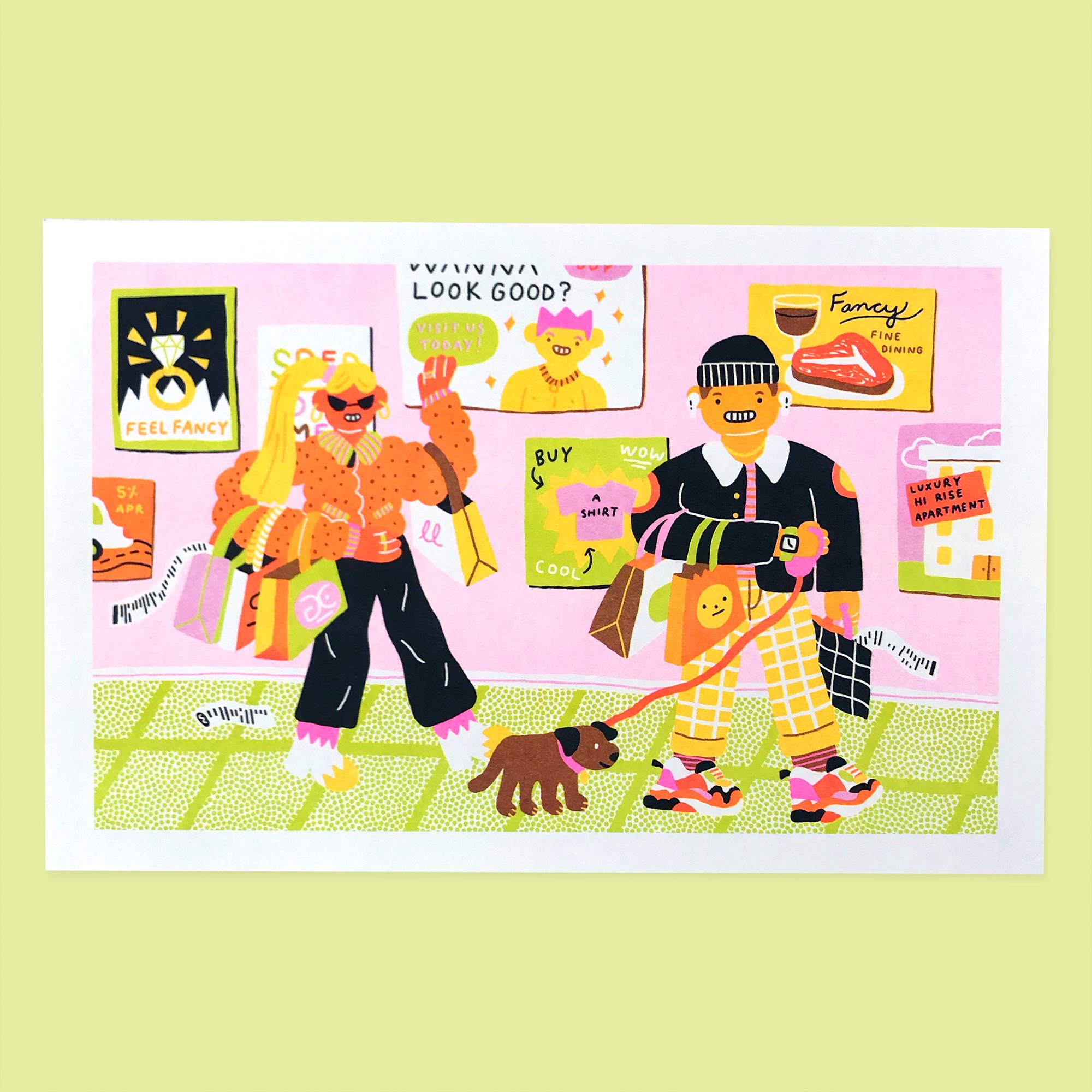 Print of a guy walking a dog and woman shopping