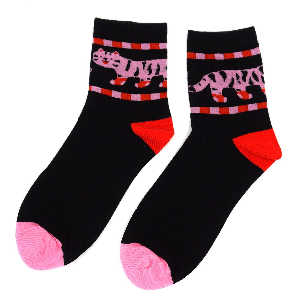 black and pink socks with a tiger